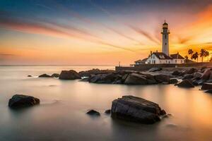 un' faro si siede su il rocce a tramonto. ai-generato foto