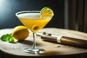 un' cocktail con un' Limone e un' lime su un' di legno tavolo. ai-generato foto