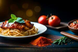 pollo Seno con spaghetti e pomodoro salsa su un' piatto. ai-generato foto