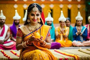 un' donna nel tradizionale indiano abbigliamento Tenere un' candela. ai-generato foto