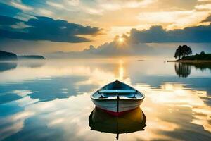 un' barca si siede su il calma acqua a tramonto. ai-generato foto