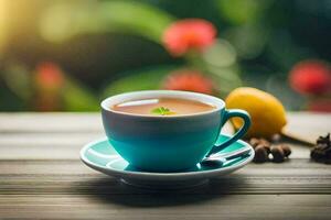 un' tazza di tè su un' di legno tavolo. ai-generato foto