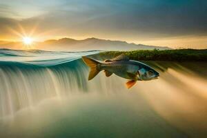 un' pesce salto su di il acqua a tramonto. ai-generato foto