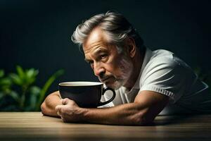 un più vecchio uomo con un' tazza di caffè. ai-generato foto