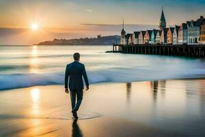un' uomo nel un' completo da uomo passeggiate lungo il spiaggia a tramonto. ai-generato foto