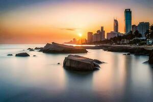 il città orizzonte a tramonto nel oro costa, Australia. ai-generato foto