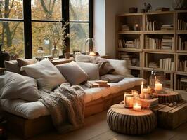 un' accogliente moderno vivente camera è ornato con di legno accenti, Compreso un' rustico caffè tavolo e un' scaffale pieno con libri e decorativo elementi generativo ai foto