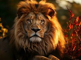 un' Leone nel il savana a tramonto, maschio Leone, re di il natura selvaggia generativo ai foto