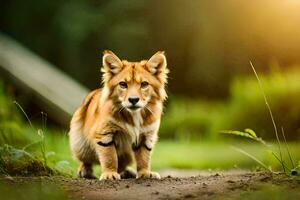 un' piccolo cane è in piedi su un' sporco strada. ai-generato foto