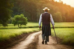 un' uomo a piedi giù un' sporco strada con canna. ai-generato foto