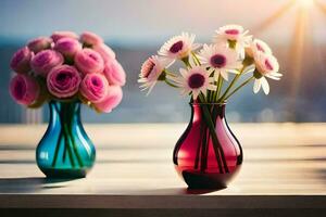 Due vasi con rosa e blu fiori su un' tavolo. ai-generato foto