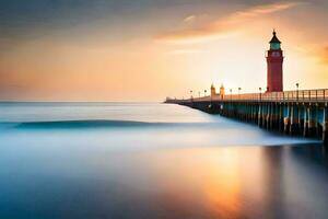 un' lungo esposizione fotografia di un' faro a tramonto. ai-generato foto