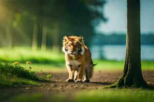un' tigre a piedi lungo un' sentiero nel il boschi. ai-generato foto