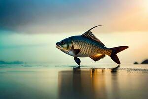 un' pesce è in piedi su il spiaggia a tramonto. ai-generato foto