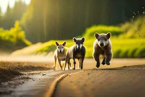 tre piccolo cani in esecuzione su un' sporco strada. ai-generato foto