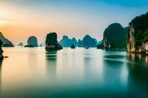 il sole imposta al di sopra di il acqua nel halong baia, Vietnam. ai-generato foto