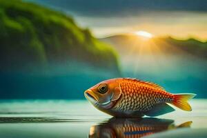 un' pesce è in piedi su il acqua con il sole ambientazione dietro a esso. ai-generato foto