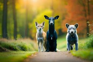 tre cani in piedi su un' sentiero nel il boschi. ai-generato foto