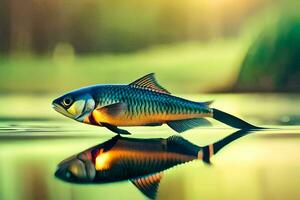 un' pesce è riflessa nel il acqua a tramonto. ai-generato foto