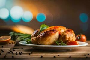 un' pollo su un' piatto con erbe aromatiche e spezie. ai-generato foto