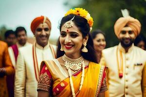 un' sposa nel giallo sari con sua sposo e altro le persone. ai-generato foto