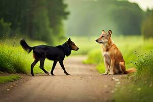 Due cani in piedi su un' sporco strada nel il mezzo di un' campo. ai-generato foto