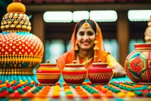un' donna nel tradizionale indiano vestito è seduta nel davanti di colorato pentole. ai-generato foto
