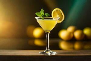 un' cocktail con Limone e menta su un' di legno tavolo. ai-generato foto