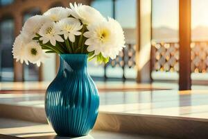un' blu vaso con bianca fiori seduta su un' tavolo. ai-generato foto