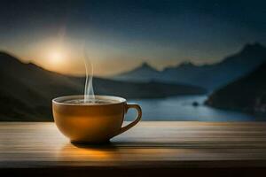 caffè tazza su il tavolo con montagne nel il sfondo. ai-generato foto