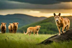 un' gruppo di cani siamo in piedi su un' collina. ai-generato foto