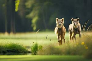 Due Wolfs a piedi lungo un' erboso campo. ai-generato foto