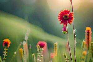 rosso fiore nel il campo con sole splendente. ai-generato foto