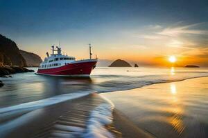 un' rosso barca su il spiaggia a tramonto. ai-generato foto
