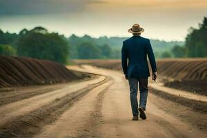 un' uomo nel un' completo da uomo e cappello passeggiate giù un' sporco strada. ai-generato foto