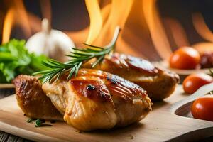 grigliato pollo su un' di legno taglio tavola con pomodori e erbe aromatiche. ai-generato foto