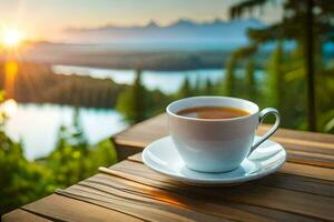 un' tazza di tè su un' di legno tavolo nel il montagne. ai-generato foto