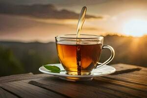 un' tazza di tè su un' di legno tavolo. ai-generato foto