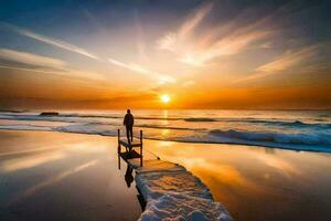 un' uomo sta su un' molo a tramonto. ai-generato foto