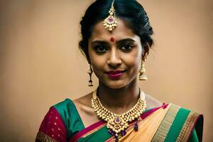 un' bellissimo indiano donna indossare un' colorato sari. ai-generato foto