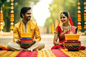 un' coppia nel tradizionale indiano abbigliamento seduta su il terra. ai-generato foto
