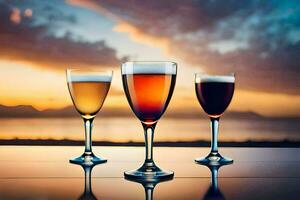 tre bicchieri di vino su un' tavolo con un' tramonto nel il sfondo. ai-generato foto