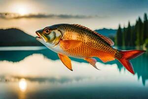 un' pesce è volante al di sopra di un' lago a tramonto. ai-generato foto