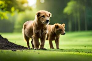 Due cani siamo in piedi nel il erba. ai-generato foto