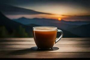 caffè tazza su un' di legno tavolo con montagne nel il sfondo. ai-generato foto