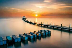 un' molo con molti Barche nel il acqua a tramonto. ai-generato foto