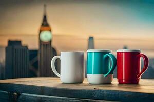 tre caffè tazze su un' tavolo con un' città orizzonte nel il sfondo. ai-generato foto