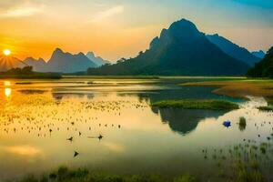 il sole imposta al di sopra di un' lago e montagne nel Cina. ai-generato foto