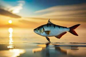 un' pesce è salto su di il acqua a tramonto. ai-generato foto