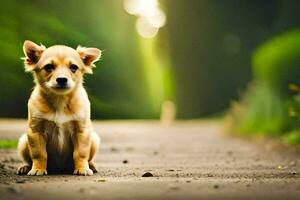 un' piccolo cane seduta su il strada nel il mezzo di un' parco. ai-generato foto